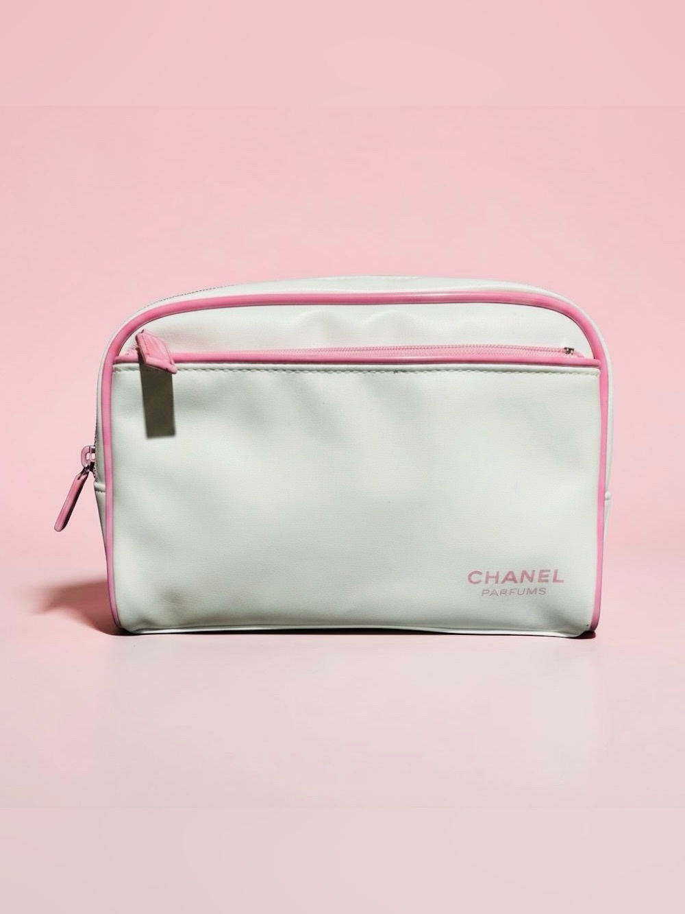 CHANEL White Cosmetic Pouch with Pink Trim